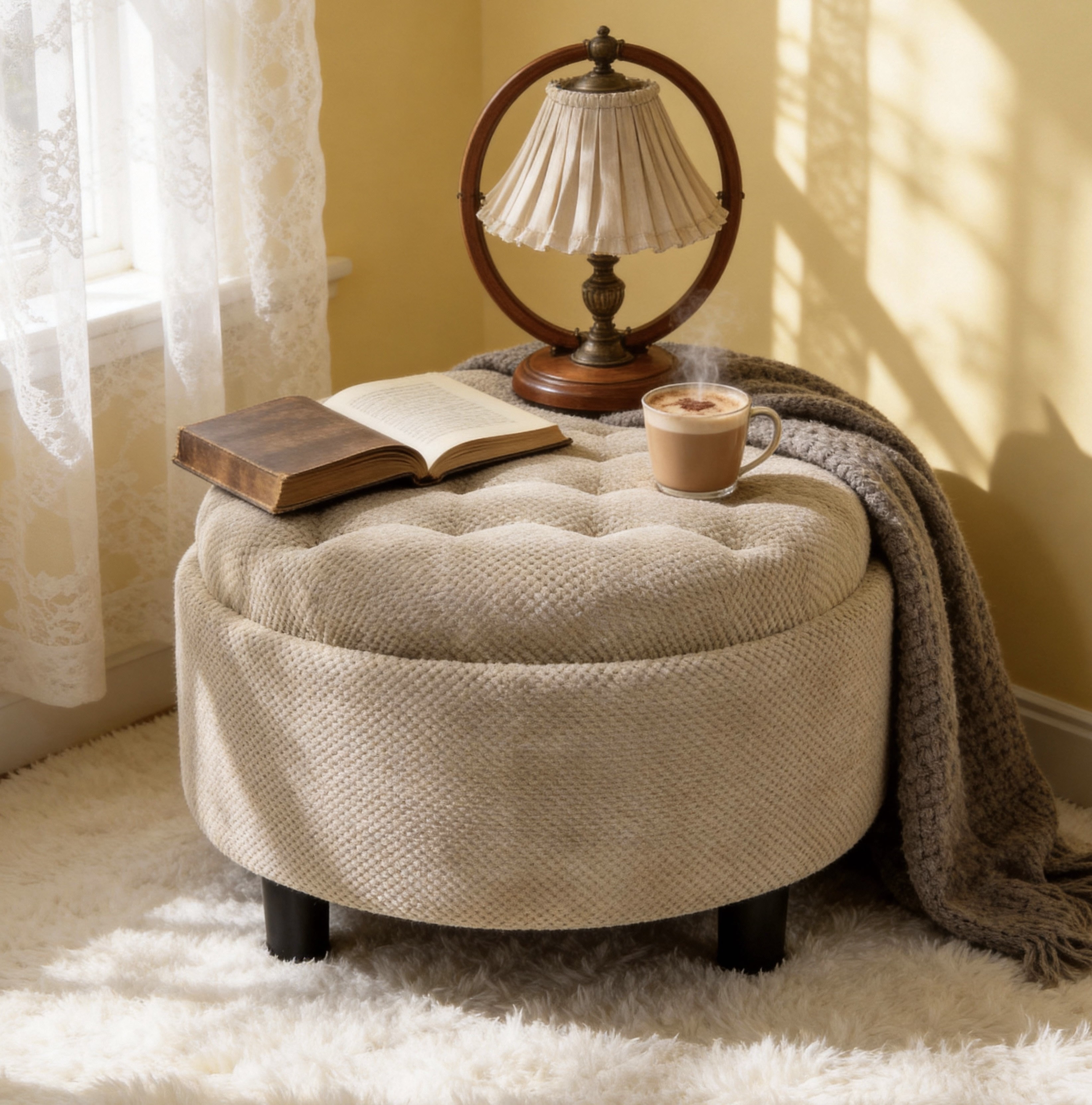 25 Inch Round Storage Ottoman with Removable Wooden Tray, Tufted Fabric Coffee Table with Hidden Storage, Upholstered Footstool for Living Room, Bedroom, Camel