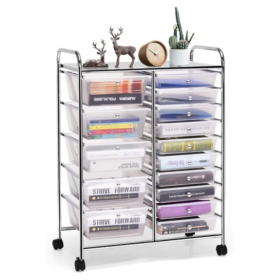 Rolling Cart with 15 Drawers, Clear Plastic Drawer Organizer w/Lockable Wheels, Removable & 2-Sized Storage Drawers, Art Cart for School Home Art Supplies File Scrapbook (Transparent)