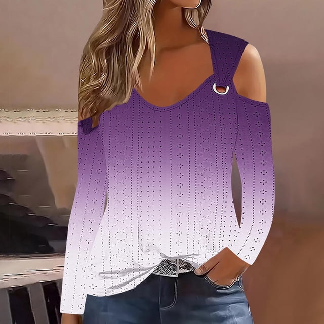 RXIRUCGD Haut à Enfiler Décontracté de Mode pour Femme à Dégradé à Manches Longues avec Épaule Manquante, Blanc, Taille : M