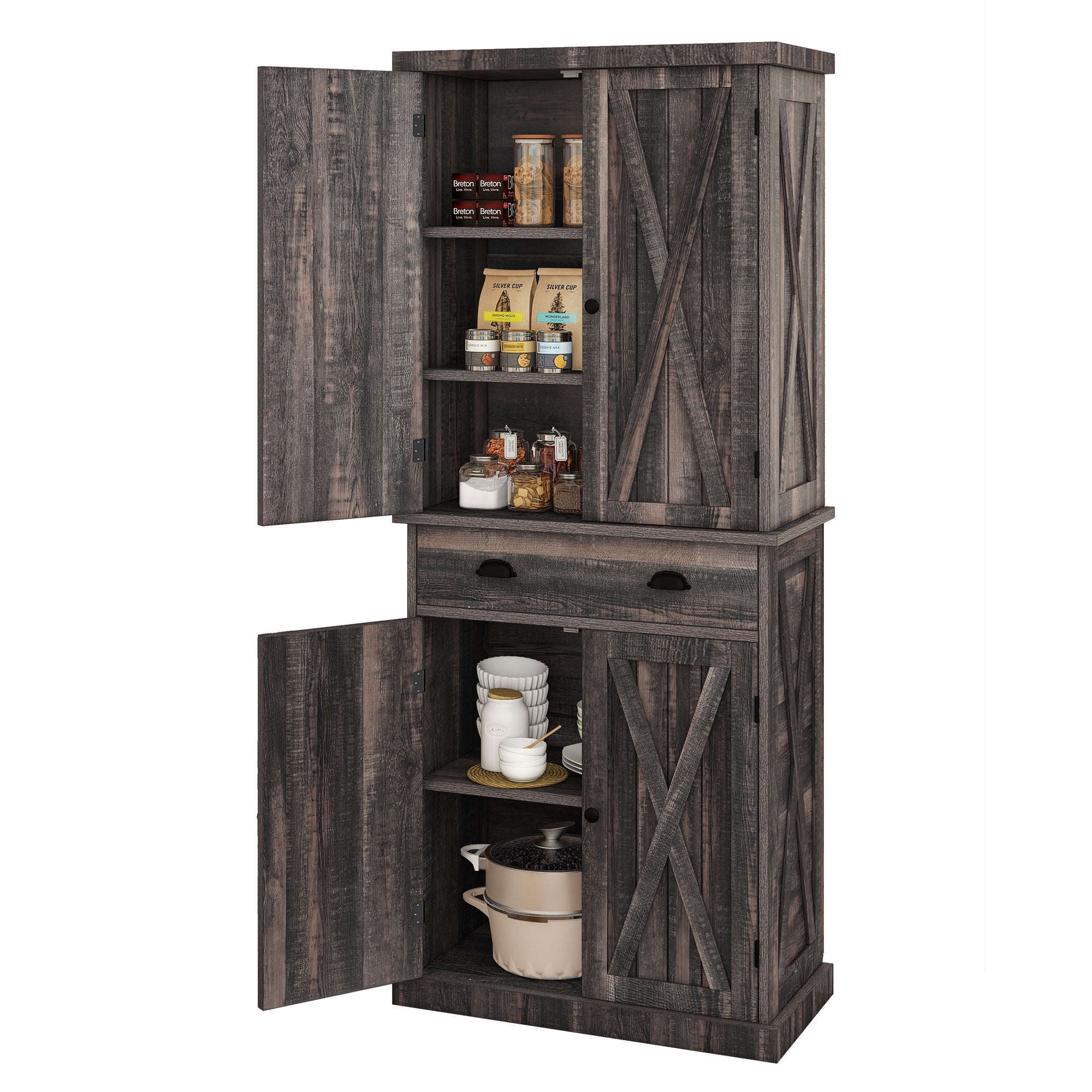 Uforic Tall Pantry Cabinet with 4 Doors and Adjustable Shelves, 72 Inch Farmhouse Storage for Kitchen Dining Living Room, Dark Rustic Oak