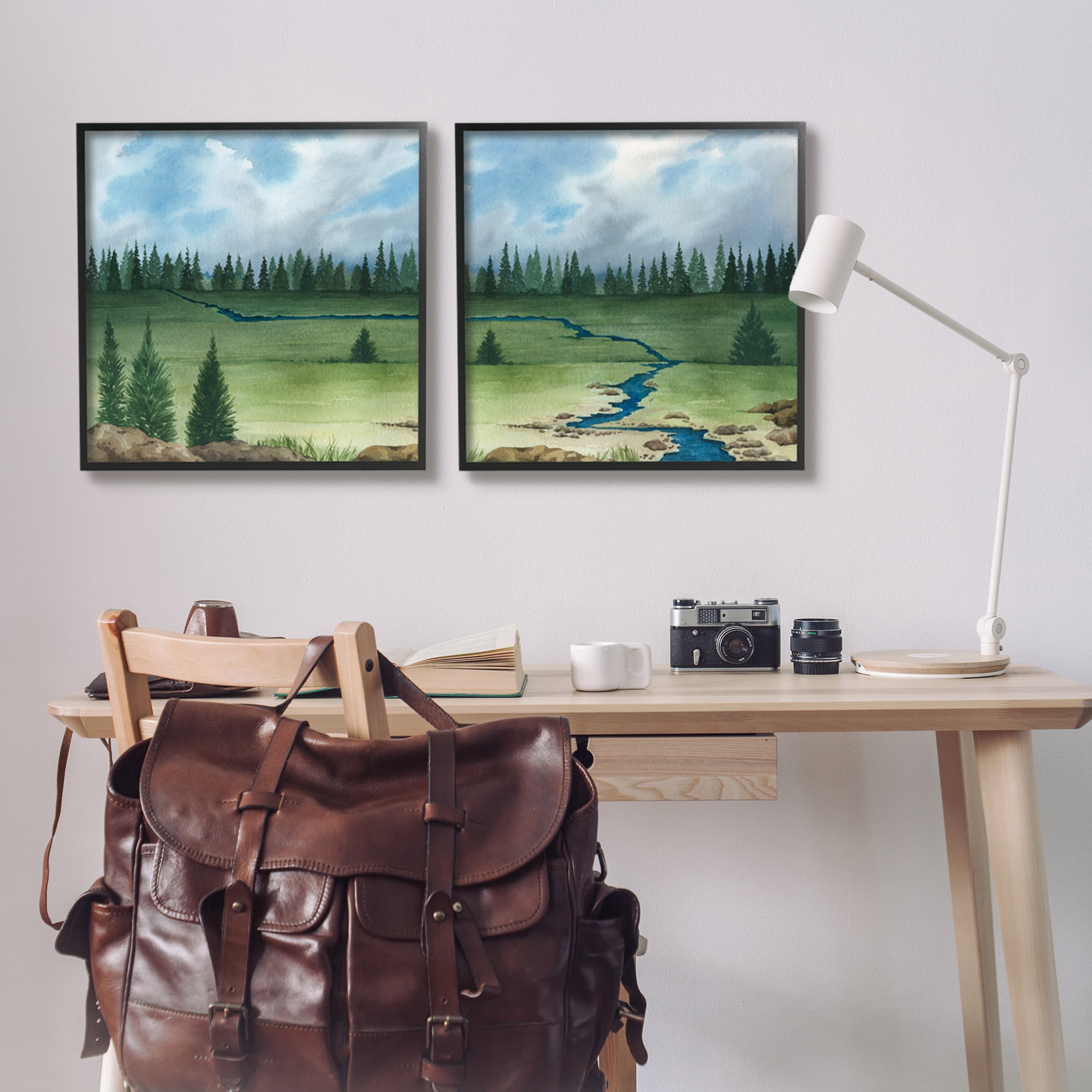 Stupell Distant Stream Trees Nature Landscape Landscape Painting Black Framed Art Print Wall Art, Set of 2