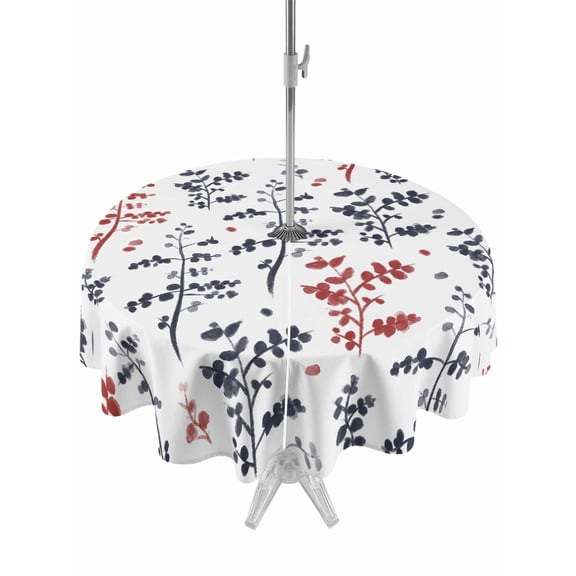 Outdoor Tablecloths with Umbrella Hole & Zipper, Grey Red Botanical Round Tablecloth 54 Inch, Watercolor Spring Floral Summer Leaf Waterproof Table Cloth, Patio/Pool/Picnic Table Covers