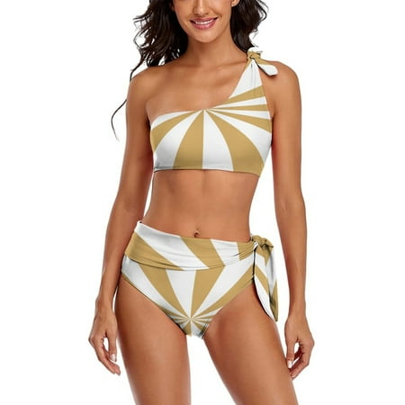 Aesthetic Beige And White Sunburst One Shoulder Bowknot Swimsuit Two Piece Swimsuit Knot Crop Top Bikini High Waisted Bathing Suit