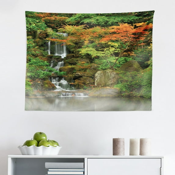 Seasons Tapestry, Dreamy Gated Beech Trees Forest with Fall Leaf Mother Earth Natural Wonders Theme, Fabric Wall Hanging Decor for Bedroom Living Room Dorm, 2 Sizes, Grey Red, by Ambesonne