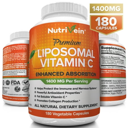 Nutrivein Liposomal Vitamin C 1400mg - 180 Capsules - High Absorption Ascorbic Acid - Supports Immune System and Collagen Booster - Powerful Antioxidant High Dose Fat Soluble Supplement- Vegan (Liposomal Vitamin C Best Brand)