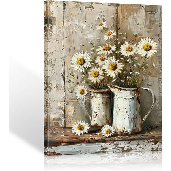 Framed Rustic Farmhouse Floral Daisy Canvas Wall Art, Farmhouse Bathroom Decor Wall Art Prints Rustic White Daisy Flower Bedroom Pictures Country Flower Wall Decor for Living Room 12x16inch