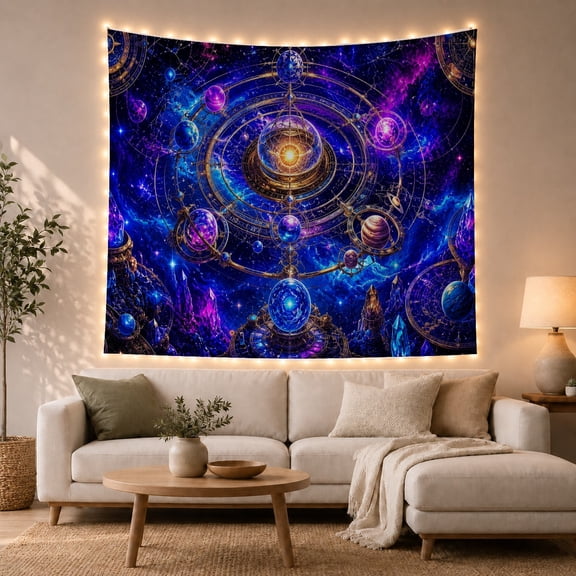 Golden Orrery in Nebula Sky Mystical Fantasy Style for Space Lovers Celestial Wall Decor Housewarming Gift Tapestry Wall Hanging for Bedroom, Study Room and Office