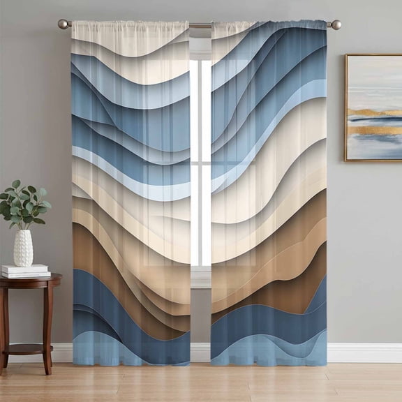 Blue Brown Ombre Sheer Curtains 96 Inch Length 2 Panels Set, Modern Abstract Aesthetics Geometric Voile Window Treatment Semi Sheer Long Curtains Drapes for Bedroom/Living Room/Kitchen 52"x96"x2