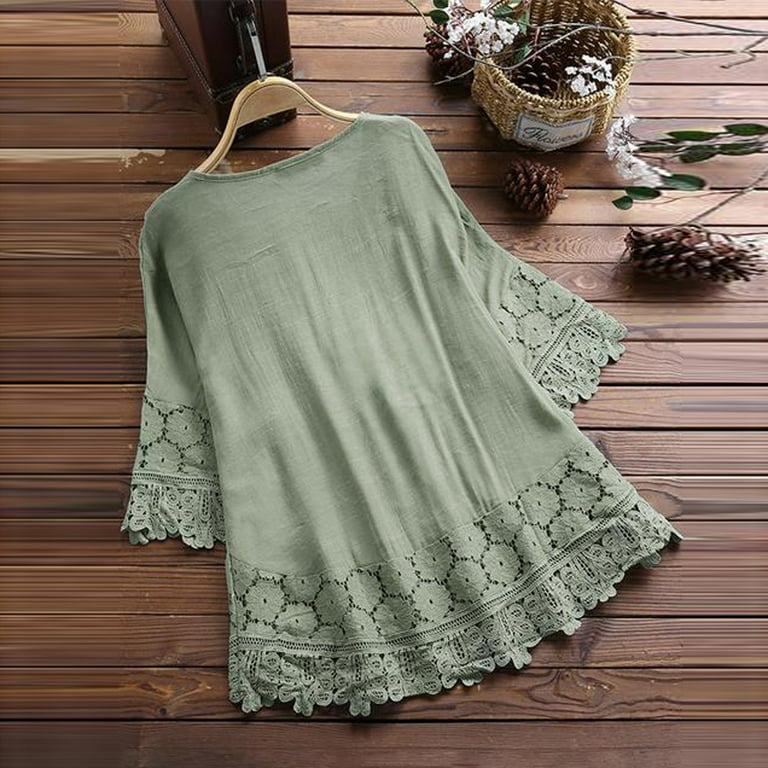 Womens Lace Crochet Eyelet Tops Flowy Short Sleeve Plus Size Casual 3/4  Bell Sleeve T Shirts Blouses