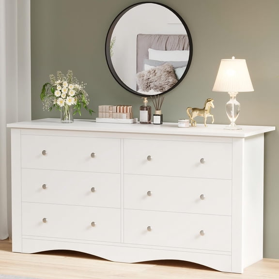 Pure White White 6-Drawer Dresser, 52 Wood Storage Cabinet with Metal