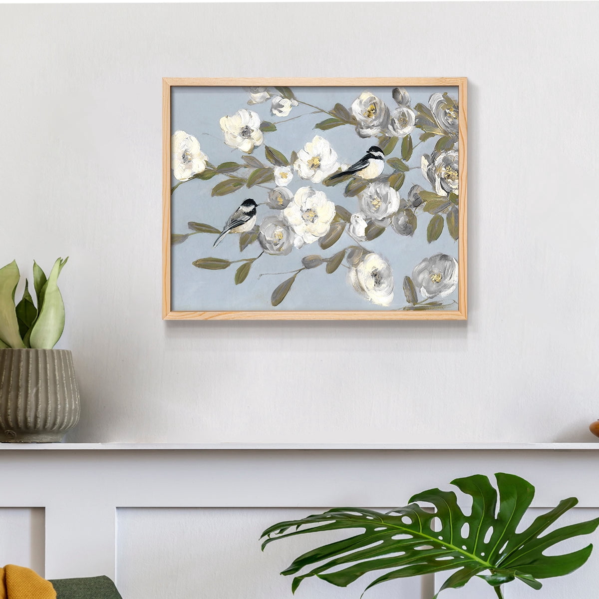 Chickadees and Blossoms I by Sally Swatland - Restickable Framed Giclée Print