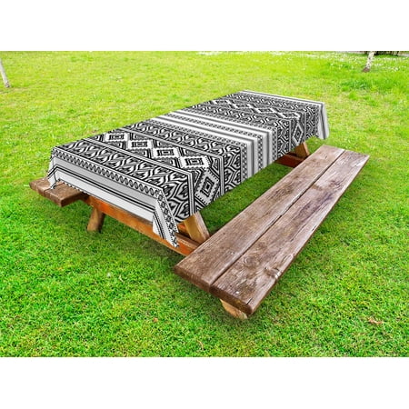Round Washable Tablecloth Ethnic Outdoor Tablecloth, Oriental Tribal Moroccan Round Style Lines Dots Geometric Shapes Artwork Image, Decorative Washable Fabric Picnic Tablecloth, 58 X 104 Inches, Black and White, by Ambesonne ()