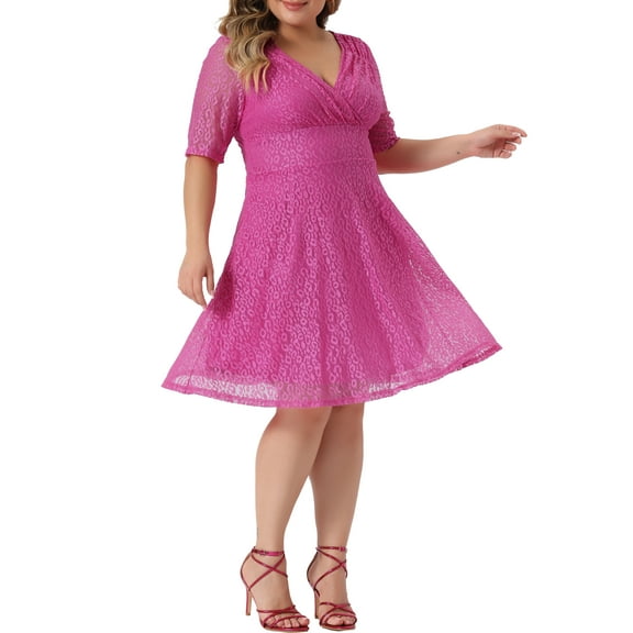 Agnes Orinda Women's Plus Size Cocktail Party Wedding Dress V Neck Lace Swing Midi Dresses 2X Hot Pink