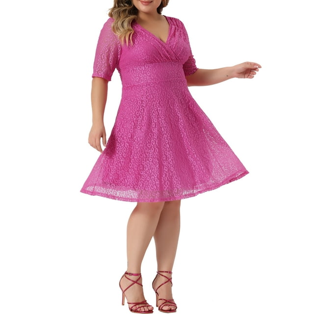 GRACE & GRANDEUR Robe de Cocktail pour Femme Grande Taille Col en V Mariage Dentelle Évasée Midi Robes 2X Rose Vif
