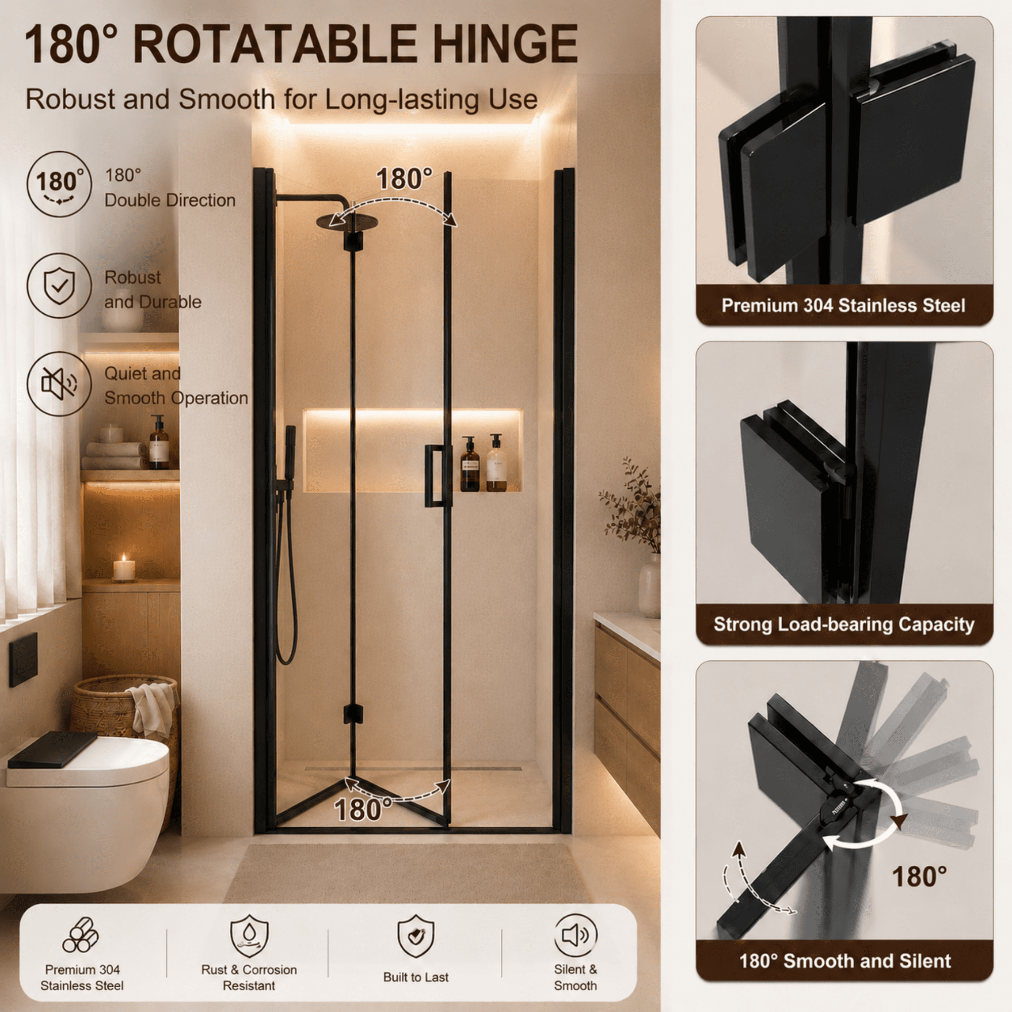 Aukfa 32-33.2" W x 72" H Matte Black Semi-Frameless Pivot Bi-Fold Shower Door, 1/4" Tempered Glass