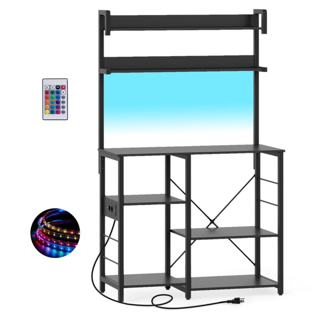 Gymax Hutch Bakers Rack w/LED Light 2 Anti-toppling Kits Charging Station for Kitchen Black