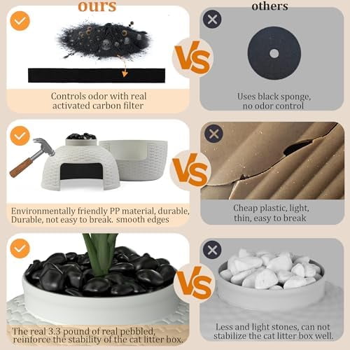 Cat Litter Box Enclosure with Faux Plant & Real Stones, Hidden Litter Box with Odor Control Carbon Filter, Home DIY Decor Furniture for Large Cat, Black