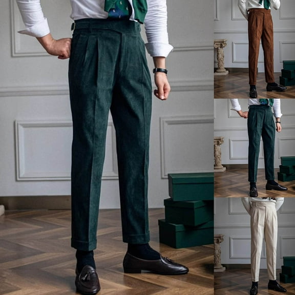 Brondbend Mens Slim Work Pants Mens Straight Fit Dress Pants Adjustable High Waist Zipper Trousers with Pocket Solid Comfortable Casual Wrinkle-Free Trousers Classic Fit Party Suit Pants