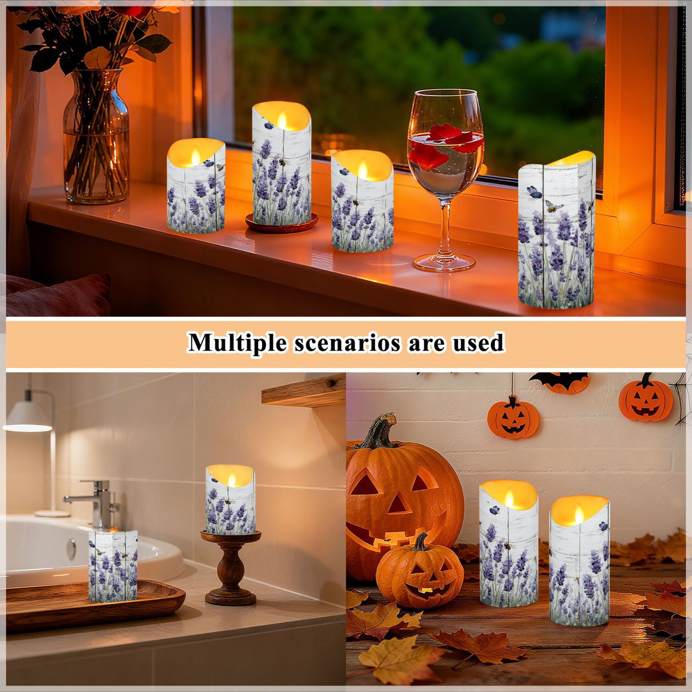 2 PCS Tilted Flameless Candles Flickering LED Lights Battery Operated Candles with Remote Timers for Holiday Decor Lavender and Bees