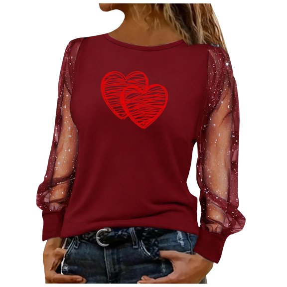 CheerKidz Women Sheer Mesh Sleeve Top With Paw Print Heartbeat Graphic Casual Comfortable Long Sleeve Round Neck Blouse Fashion Daily Wear T Shirt for Ladies(Red#2,S)