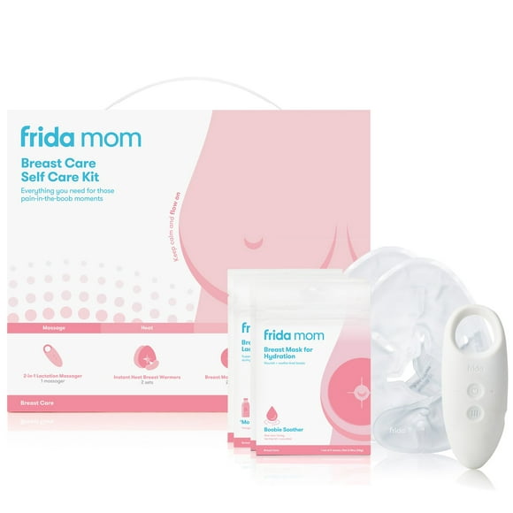 Frida Mom Breast Care Self Care Kit with 2-in-1 Lactation Massager, Hydrating Mask Supplements, and Breast Warmer for Breastfeeding Relief, 7 Pieces