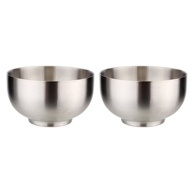 juego de tazones de acero inoxidable de 2 piezas conjunto de ensalada de usos múltiples tazón estilo coreano sunnimix tazones de sopa de acero inoxidable par de tazones plateados de doble pared, vista frontal centrada, silueta redonda con base corta y paredes lisas cepilladas, diámetro aprox. 11.8 cm x 8.3 cm de alto; aptos para arroz, sopa, ensaladas y snacks; diseño moderno y acabado uniforme.