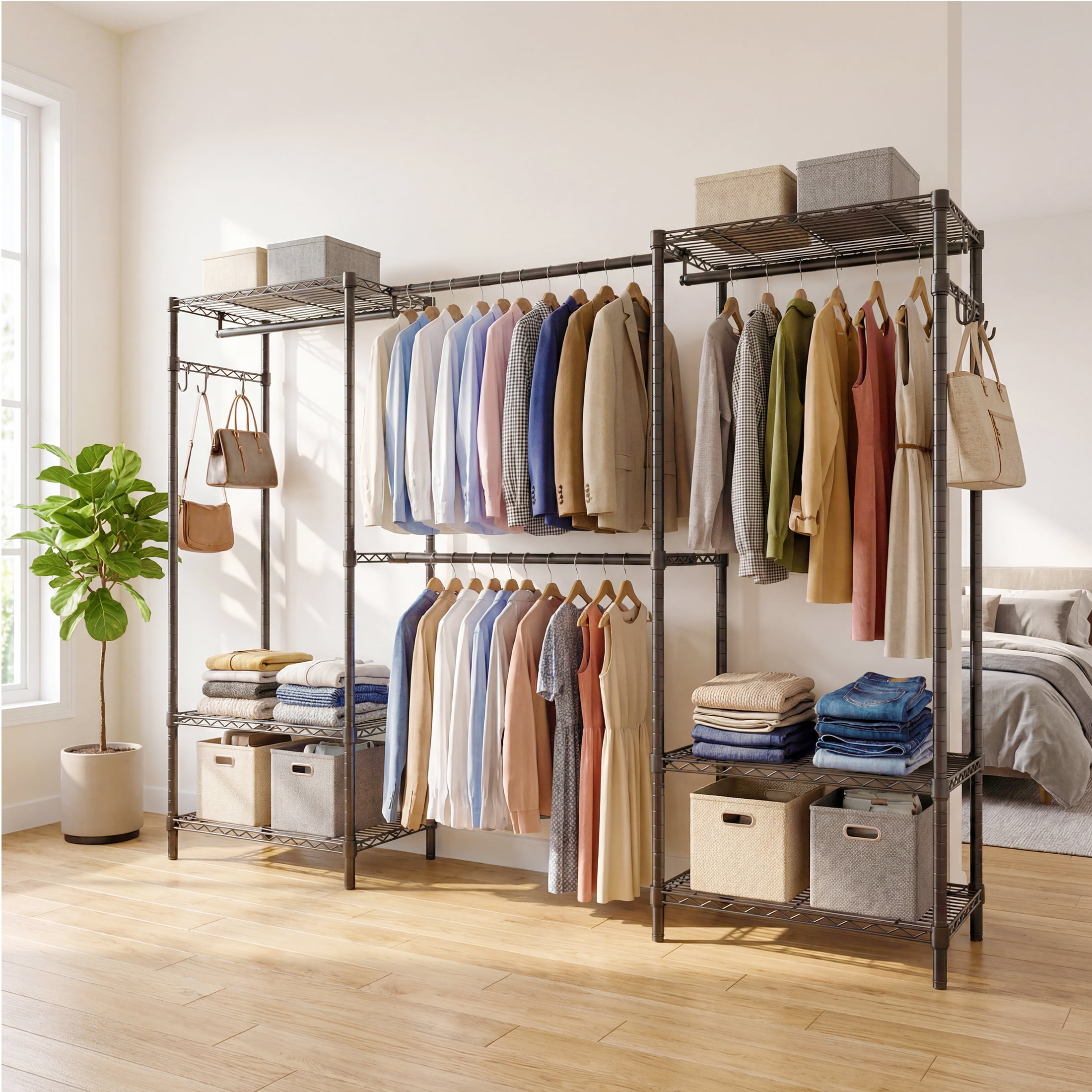 Prilinex 71.5-91.3"W Extendable Heavy Duty Clothes Rack, Clothing Rack for Hanging Clothes, 1280 lbs Free Standing Closet System with Shelves, Adjustable Metal Garment Rack, Black