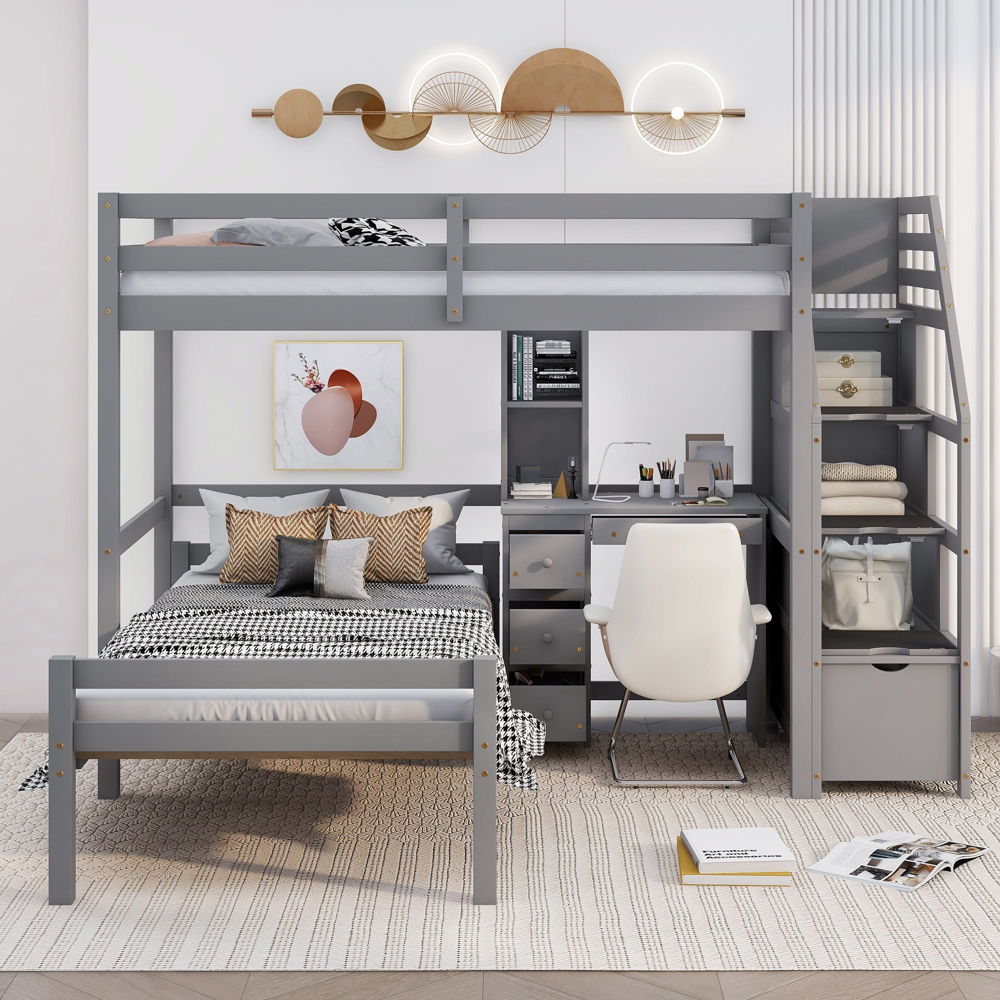Euroco Wood Twin Size Bunk Loft Bed with Desk, Drawers and Shelf for Bedroom, Gray