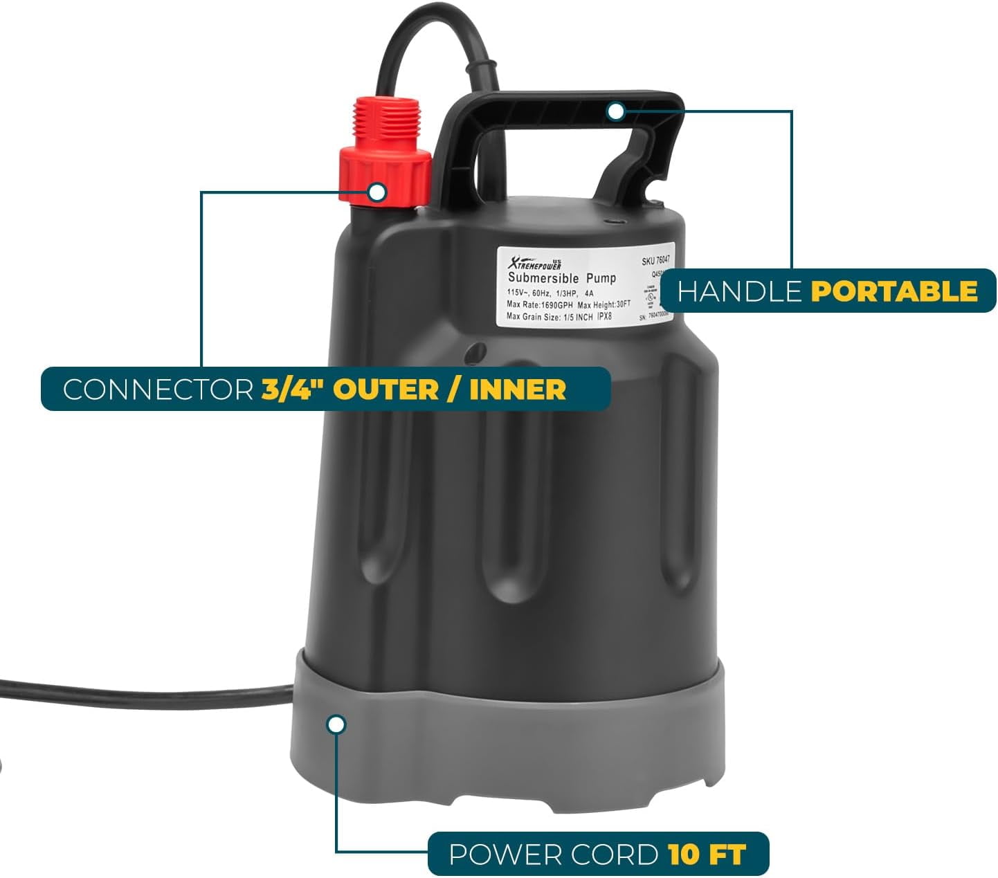 XtremepowerUS 1700 GPH Automatic Submersible Utility Pump, 1/3HP, 10' Cord for Pool, Basement, Pond