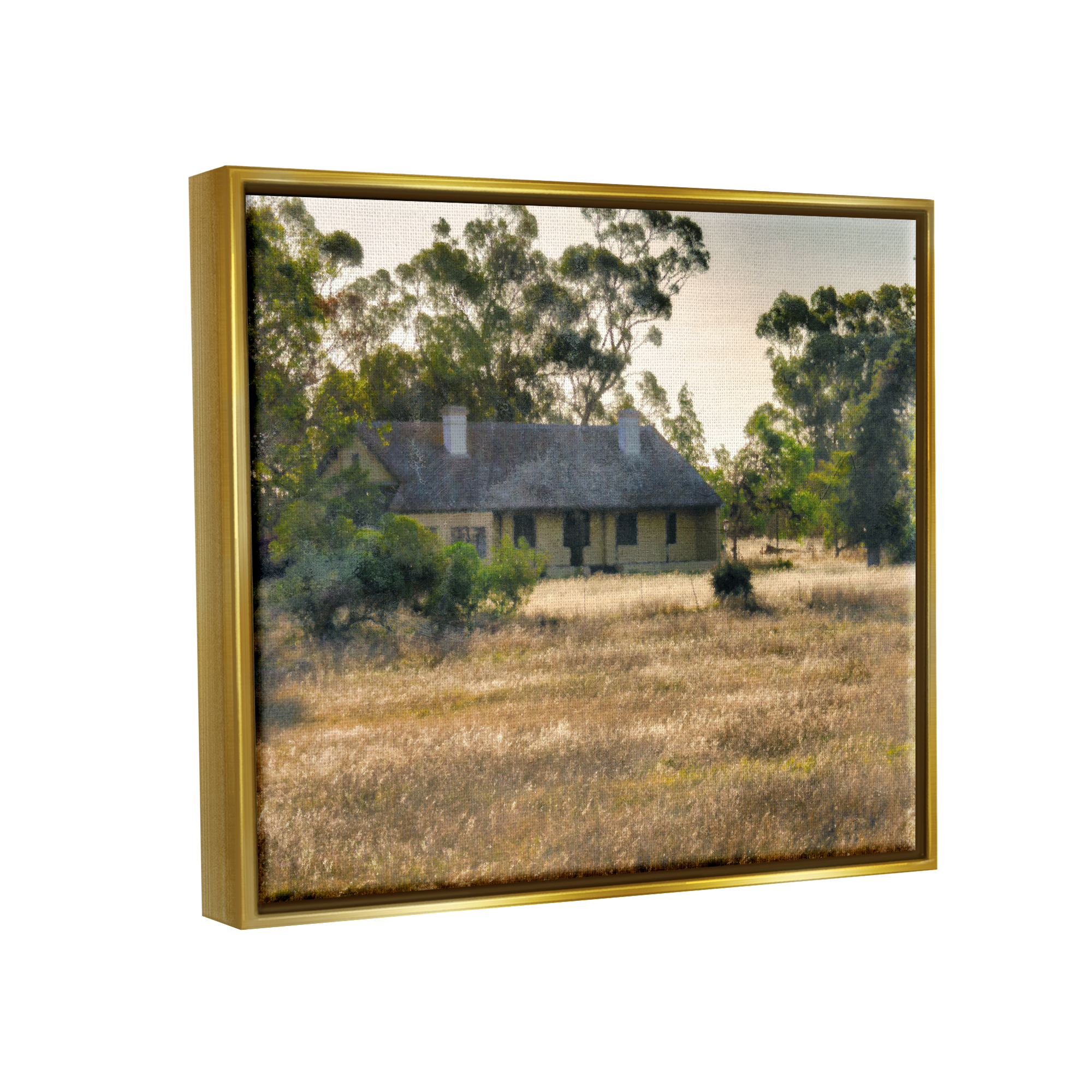 Stupell Industries Rural Cabin Grassy Landscape Landscape Photography Gold Floater Framed Art Print Wall Art