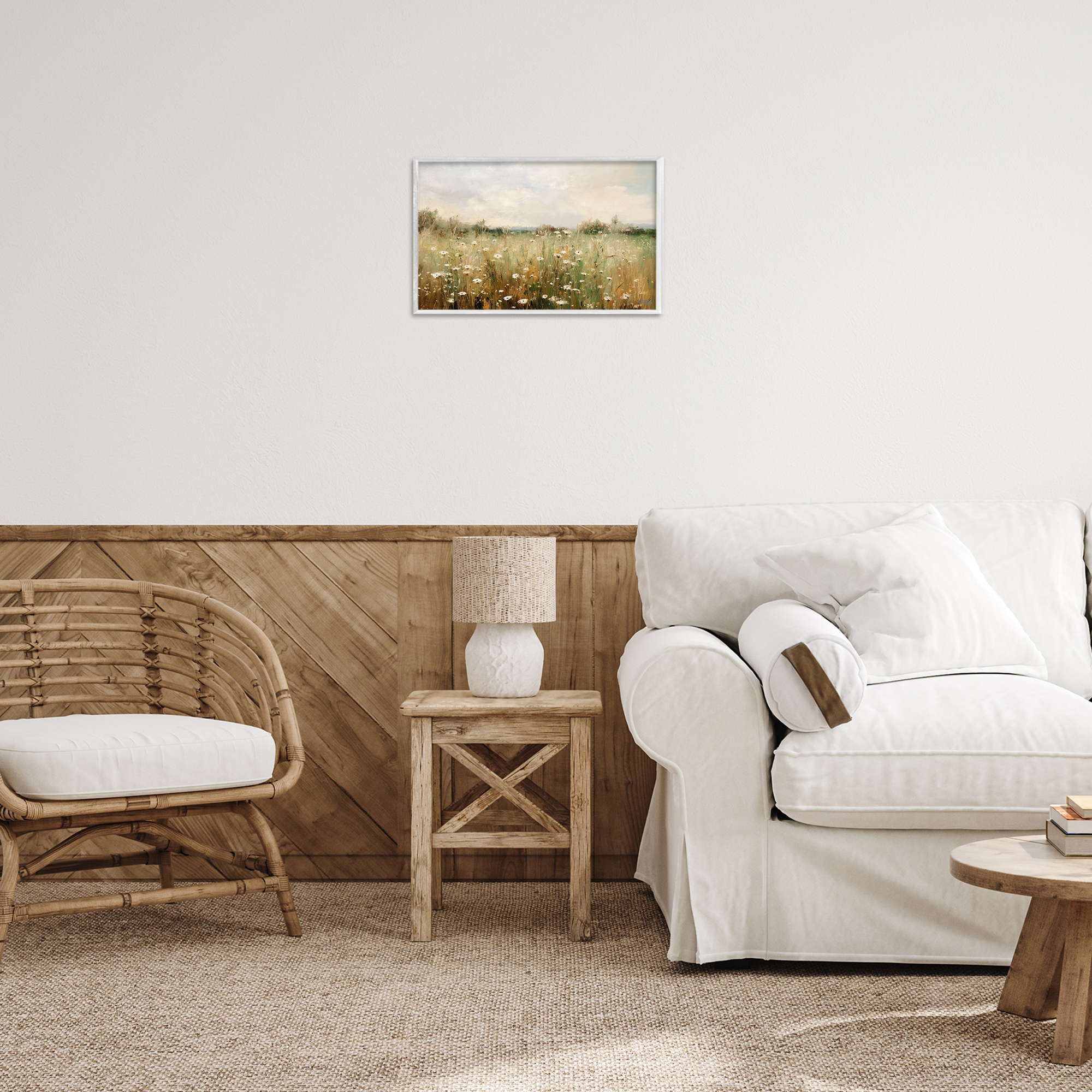 Stupell Industries Country Daisy Field Landscape Painting White Framed Art Print Wall Art, 18 x 12