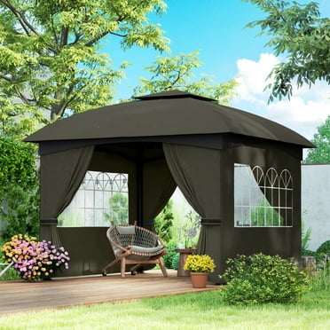 OutsunnyÂ 11' x 11' OutdoorÂ Patio Gazebo with Curtains, Church Windows, Galvanized Steel Frame for Lawn, Backyard and Deck, Dark Gray