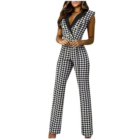 

Women s Elegant V Neck Jumpsuit Loose Sleeveless Plaid Print Jumpsuits Wide Leg Jumpsuit Casual Straight Trousers Business Romper formal Bodysuit Wyongtao