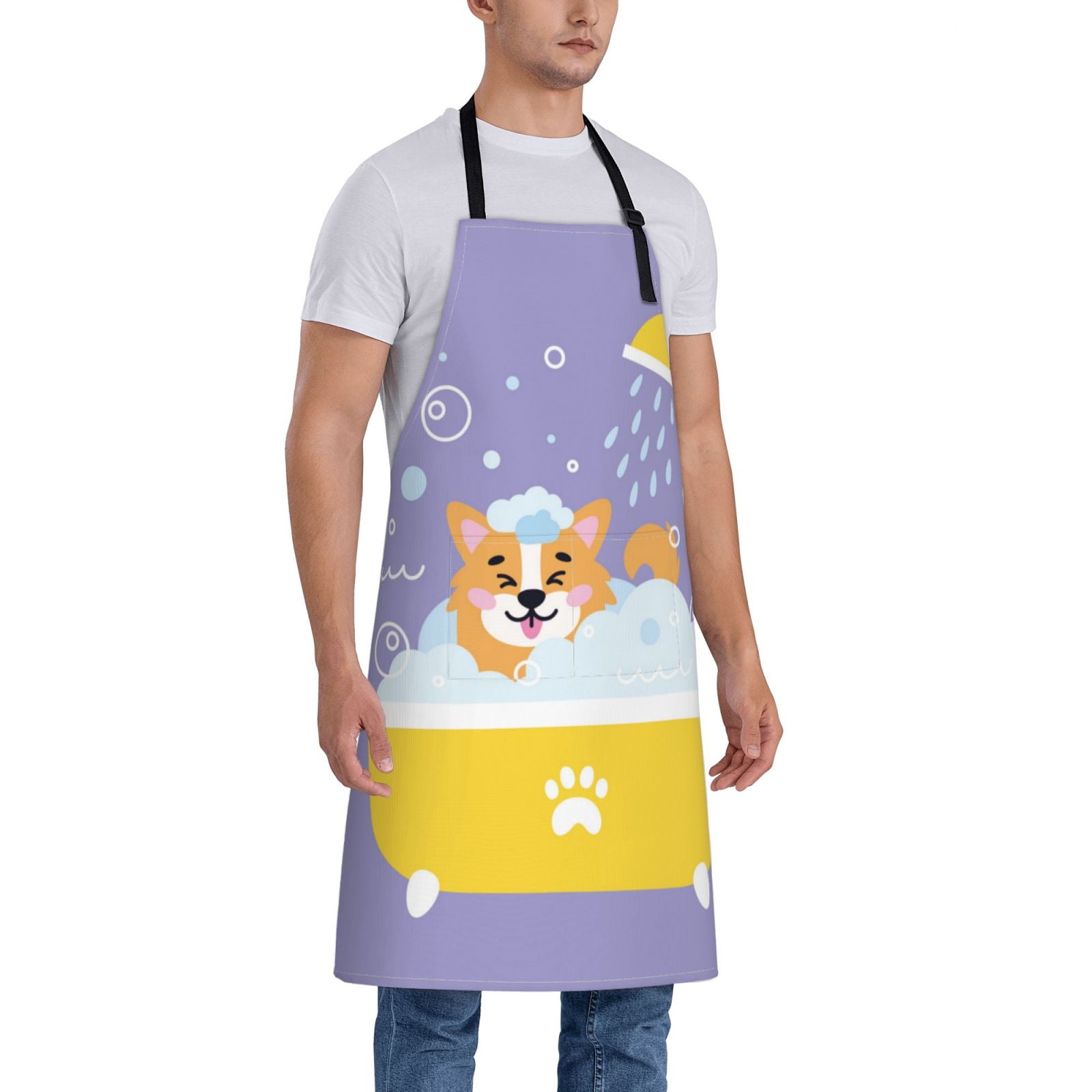 Kdxio Corgi Washing in Bathtub Apron with Pockets Adjustable Kitchen Aprons for Men Women Waterproof Aprons for Cooking,Drawing,Crafting, Baking Household Cleaning