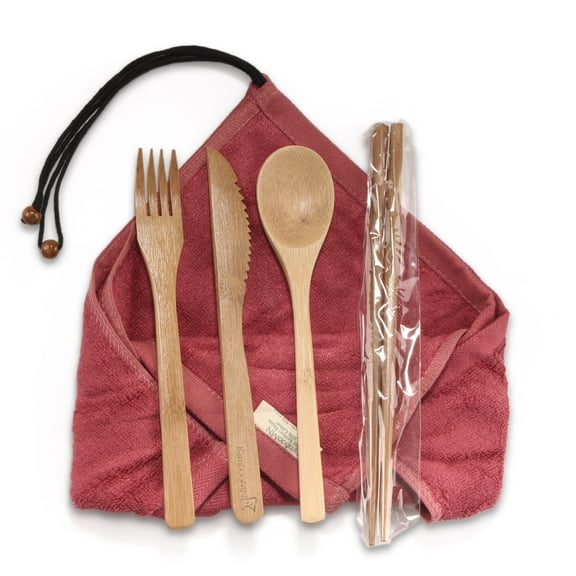 BambooMN Travel Utensils with 2 Washcloth Wraps - Cranberry - 1 Set