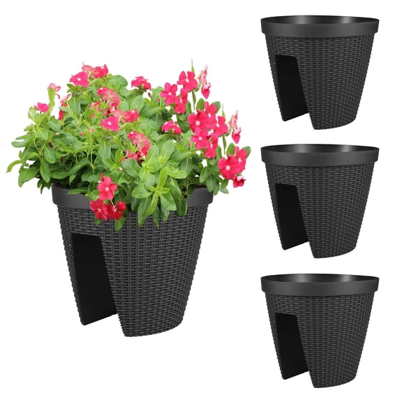 Aoodor Deck Railing Planter Boxes Set of 4, 12 Inch Rattan Pattern Round Outdoor Planters with Adjustable Brackets for Patio, Balcony, Fence, Black