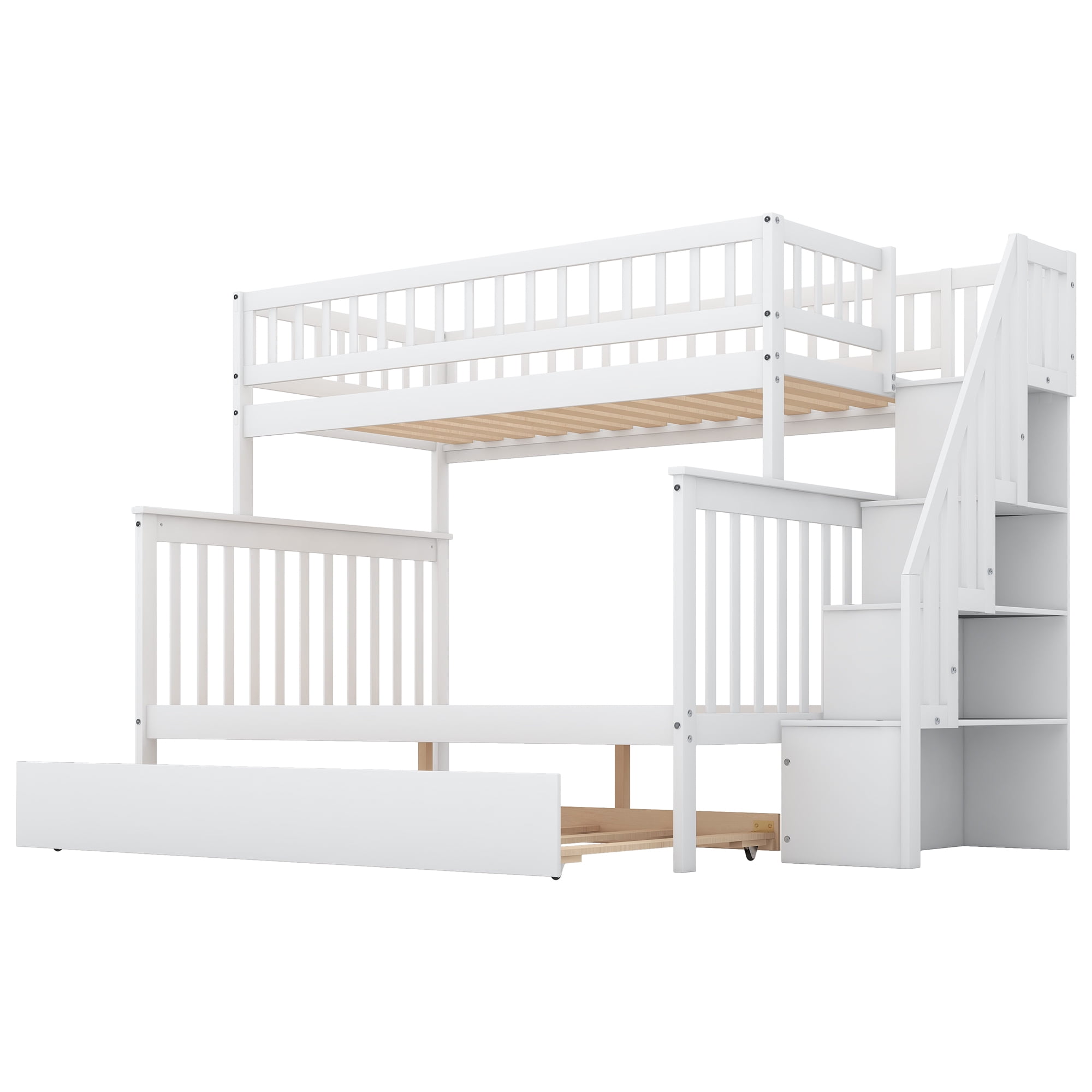 EUROCO Twin over Full Bunk Bed with Twin Trundle Bed and Storage Shelves for Kids, Three Beds with Storage for Kids Teens Adults, White
