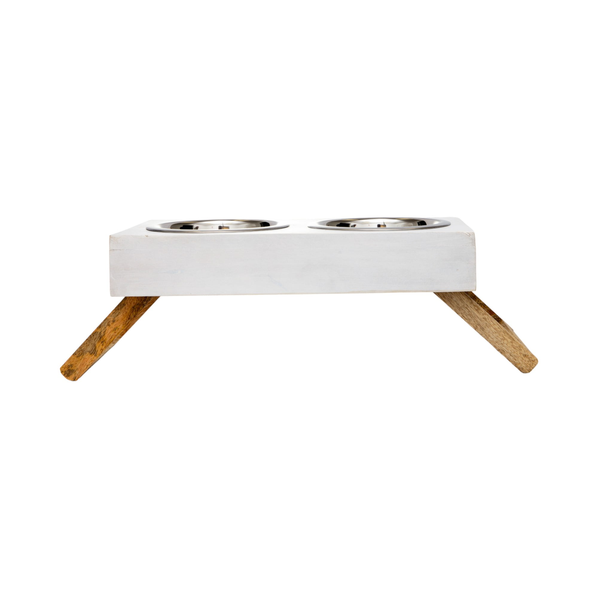 Country Living Elevated Mango Wood Dog Feeder with 2 Stainless Steel Bowls – White/12oz