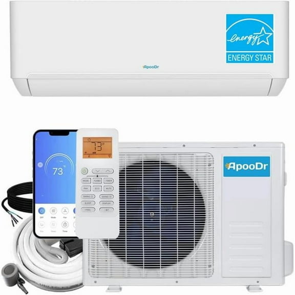ApooDr ATPRO23-24H1B ApooDr ENERGY STAR 24000 BTU 20 SEER2, 230-Volt, 1200-Sq.Ft Ductless  Mini Split AC with Heat Pump, Wi-Fi, 16Ft. Lineset
