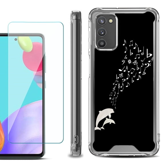 Shockproof Bumper Phone Case for Samsung Galaxy A02s, with Tempered Glass Screen Protector, by OneToughShield ® - Dolphin Music