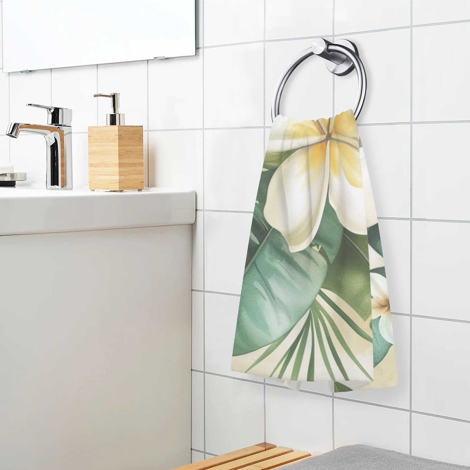White Flower Hand Towels Cotton Bath Towels Large Face Towels Absorbent for Bathroom 2 Packs