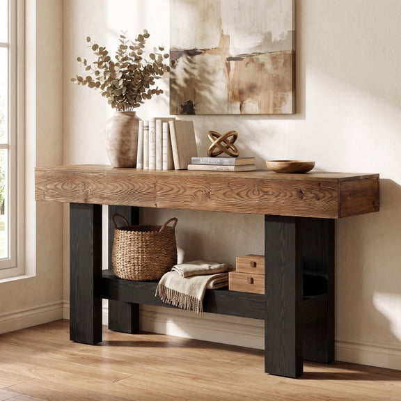 Fnova 62.99-Inch Long Solid‑Wood Console Table, 2‑Tier Open‑Storage Sofa Table for Entryway, Hallway, Living‑Room