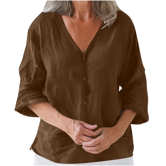 Linen Tops for Women Loose Fit 3/4 Sleeve V Neck Button Down Shirts Cute Solid Summer Beach Tee Shirts Fall Top