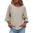 thumbnail image 2 of snilers 3/4 Length Sleeve Womens Tops Cotton Linen Summer Ruffle Pleated Hem Blouse Loose Casual Crewneck Basic Tee Shirts S-2XL, 2 of 5
