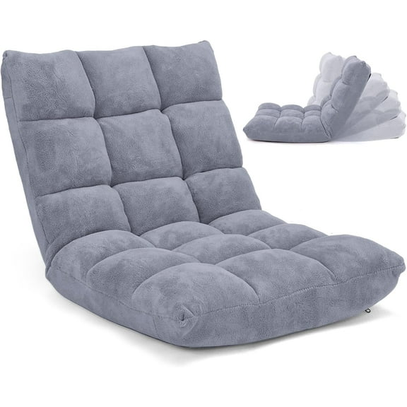 QRKD Floor Chair with Back Support, Foldling Gaming Sofa Chair with Comfy Cushion, Adjustable 14-Position Meditation Chairs, Lazy Lounge Recliner Reading Seat for Adults, Kids (Grey)
