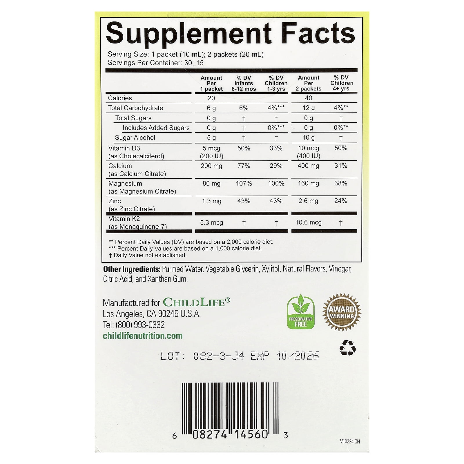 ChildLife Essentials Liquid Calcium with Magnesium Plus K2 & D3, Natural Orange, 30 Packet, 0.34 fl oz (10 ml)