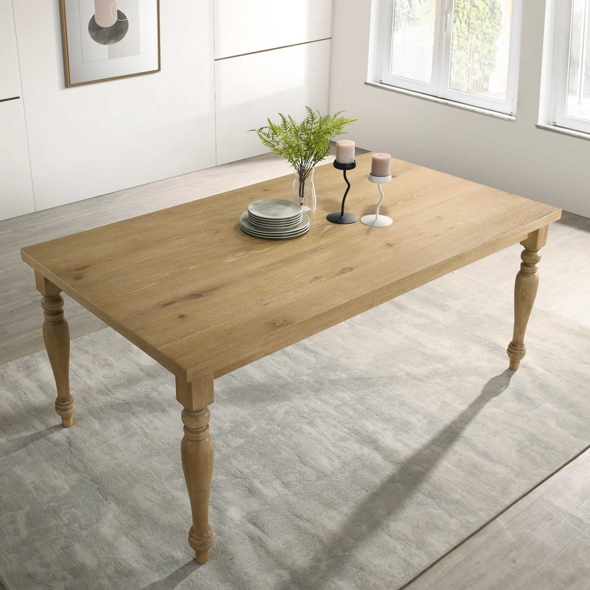 Roundhill Furniture Verta Solid Wood Leg Dining Table with Oak Veneer Top and Turned Legs