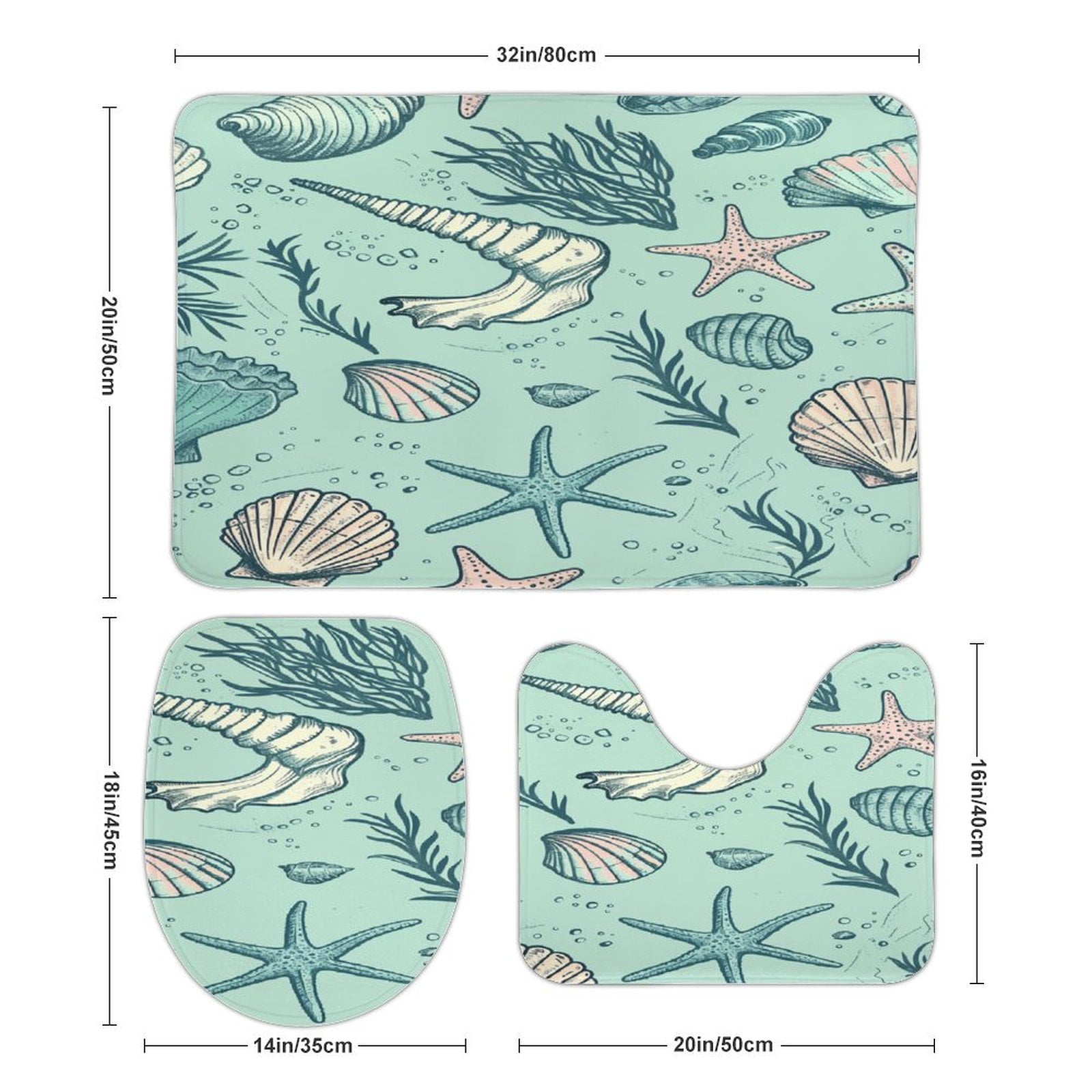 Beach Seashell Starfish Bathroom Mats Set of 3 Pieces，Non Slip Non Slip Mats, Washable Mats, Decorative Carpets for Bathrooms, Kitchens, And Bedrooms.