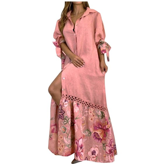 Holloyiver Women’s Dresses Summer 2023 Printed Lace Splicing Lace-up 7-part Sleeve Shirt-style Long Dress S-4XL