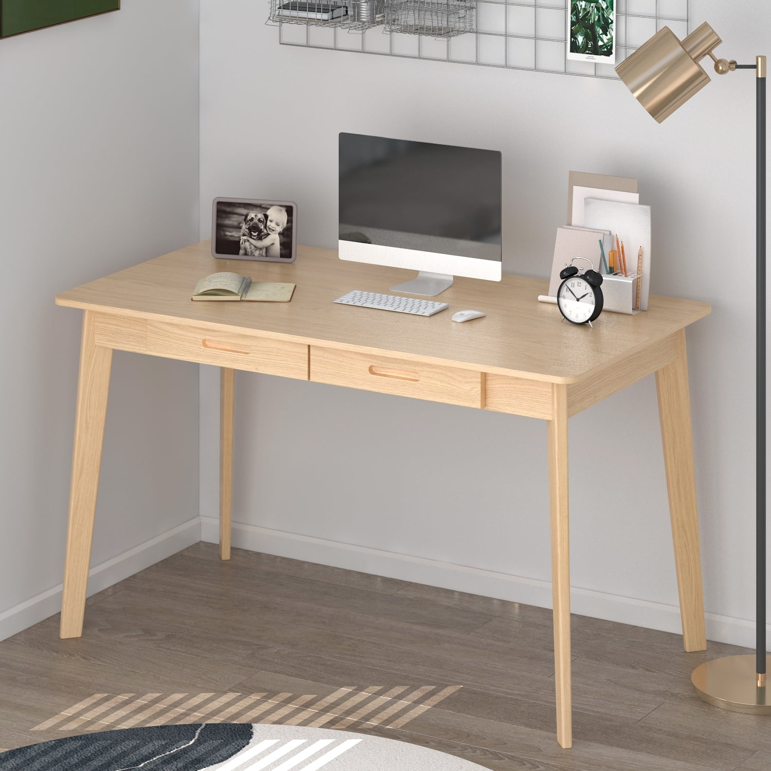 MONSLIPA Industrial Modern Wooden Desk with Storage Drawers, Office Computer Desk and Home Office Desk with Sturdy Wood Legs, 47" Long (Beige)